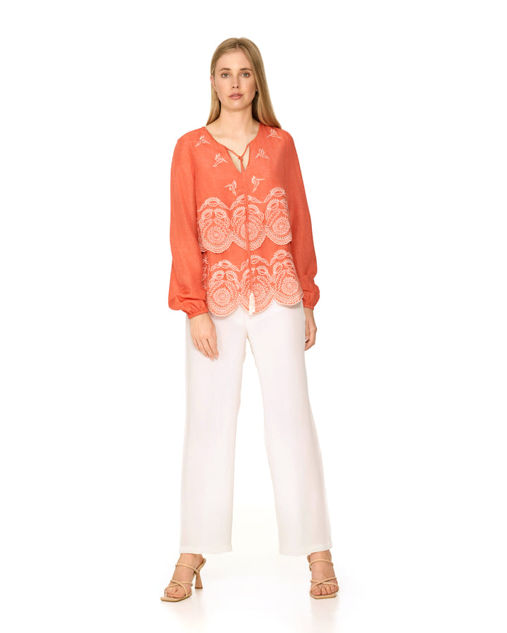 Brevifolia Orange Embroidered Top